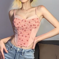 pink girl heart cute flower decoration youthful vitality bright sexy all match slim womens suspender short top y2k aesthetic