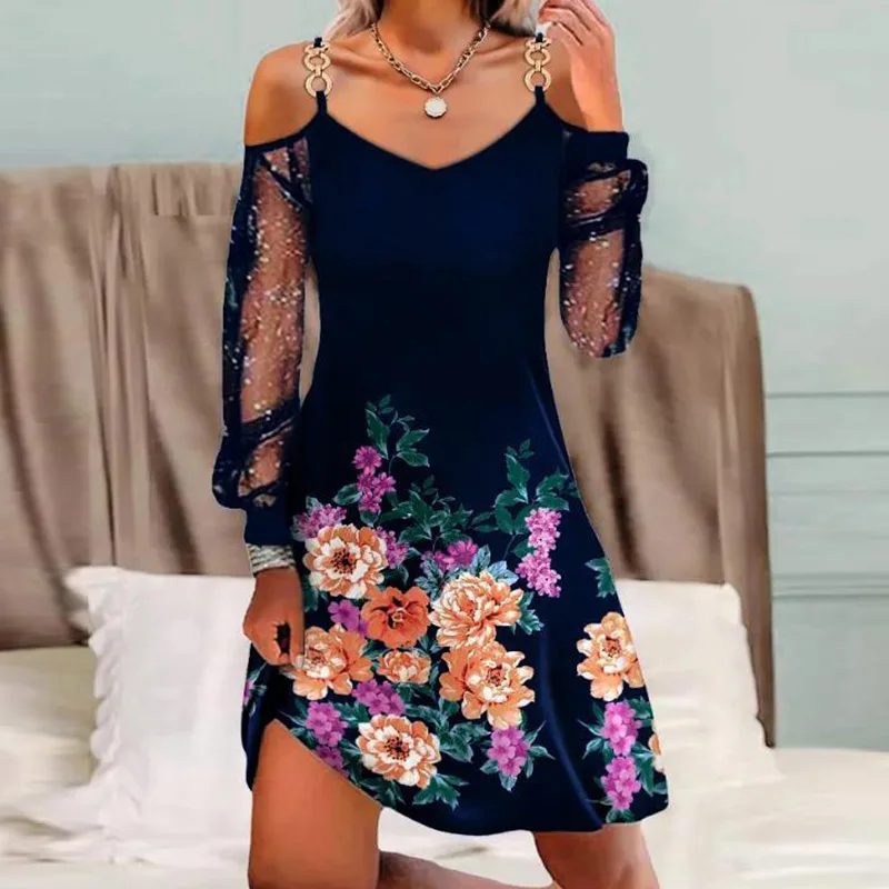 

Retro Floral Print Chain Sling Party Dress Women Long Sleeve Mesh Stitching Off Shoulder Loose Dress 2023 V Neck A-line Dress