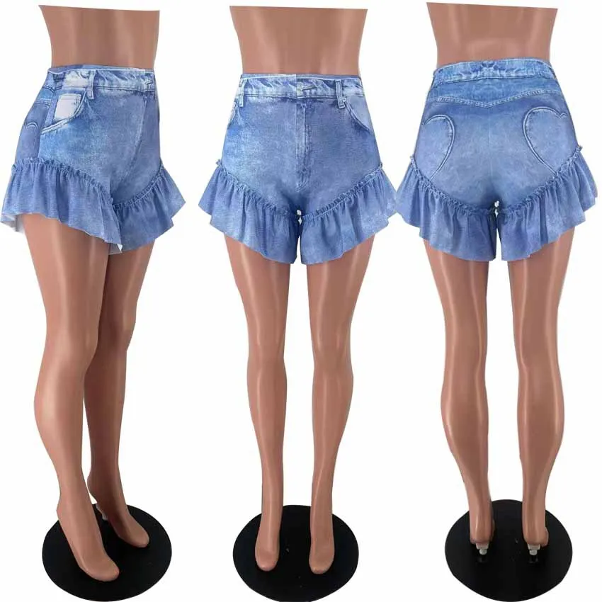 Fashion Fake Denim Ruffles Shorts Casual Printed Fungus Hem Short Pants Summer Streetwear INS Trousers 2023 All Matching bottoms