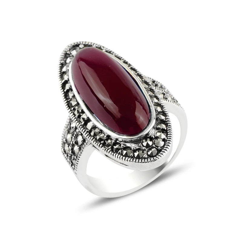 

Серебряное кольцо с красным агатом и марказитом