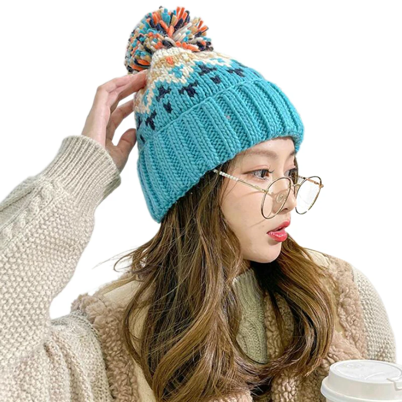 

High Quality Colorful Fur Pom Pom Knitted Hat Christmas Hat with Fur Balls Winter Woollen Hat Unisex Warm Skullies Beanies Gift