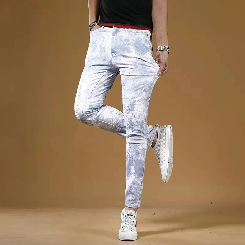 Summer Men White Blue Jeans Fashion Casual Slim Fit Straight Pants Streetwear Digital Printing Denim Trousers