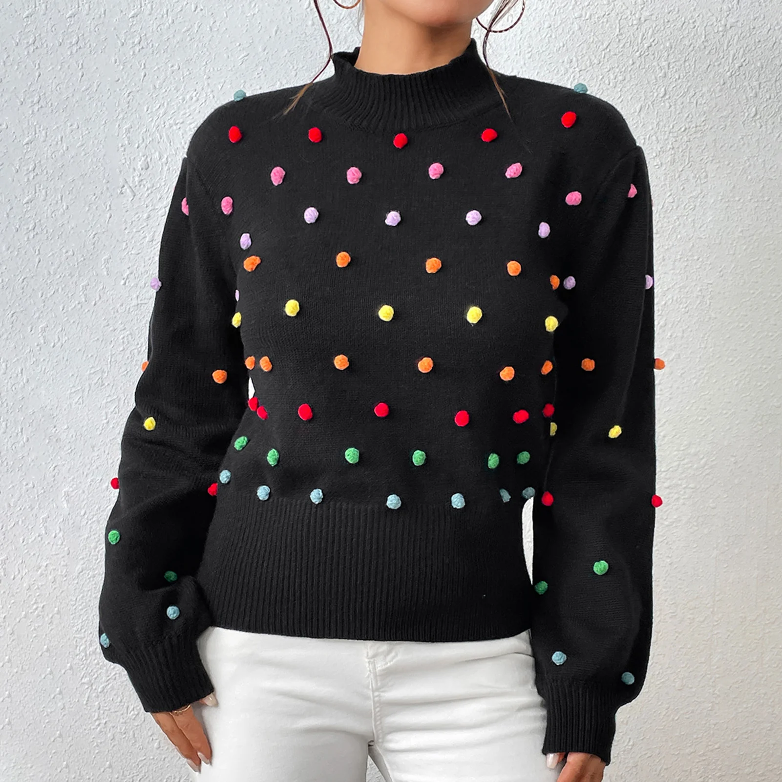 

Rainbow Pom Pom Knitted Top Sweater Loose Fit Women Winter Sweater Long Sleeve Half High Collar Elegant Style Vacation Outfit