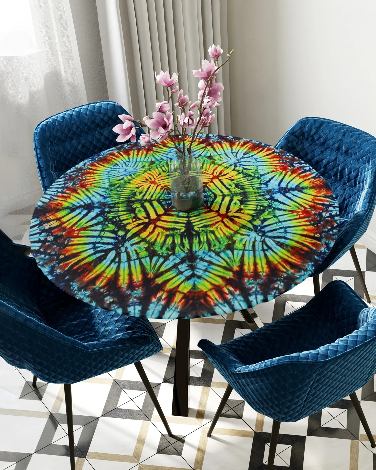 Tie-Dye Ethnic Blue Watercolor Color Round Rectangular Waterproof Elastic Tablecloth Home Kitchen Dining Room Table Cloth Cover