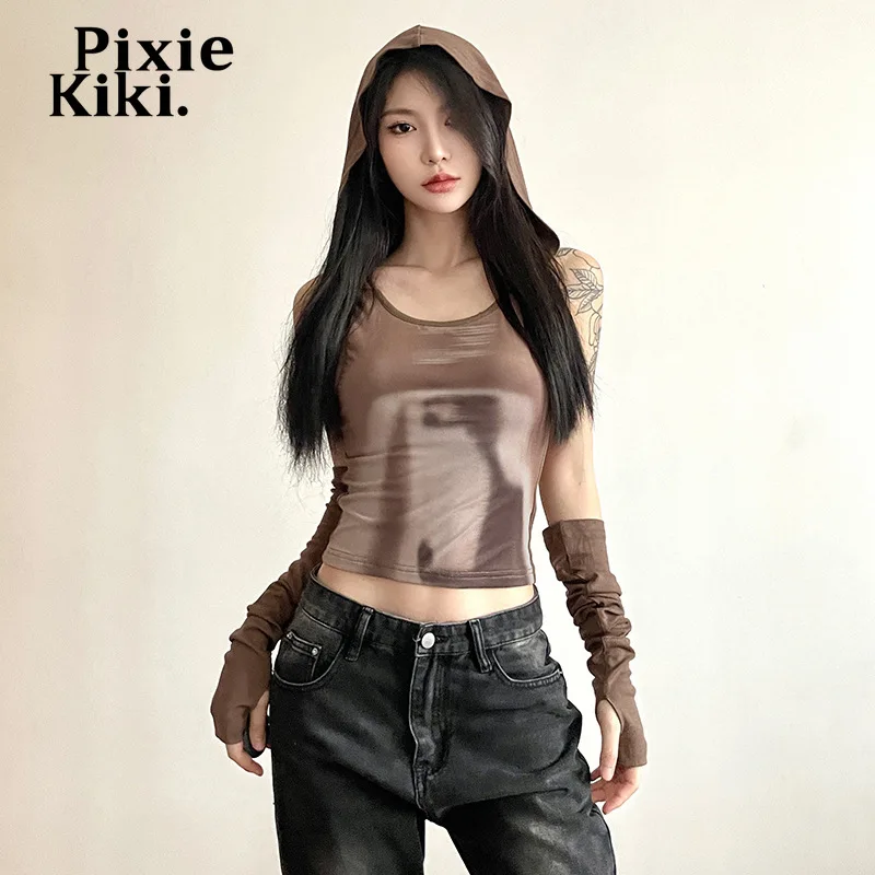 

PixieKiki Trashy Y2k 2000s Tops Graphic Tees Brown Print Hooded T Shirt with Sleeves Streetwear 90s Vintage Clothes P71-CC20