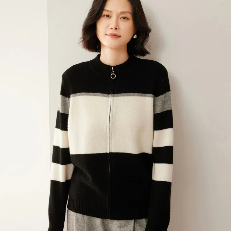 Трехцветный кашемировый свитер женский трикотаж шерстяной кардиган с круглым