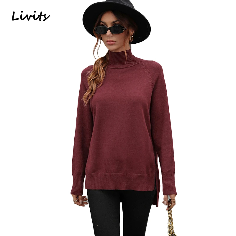 

Women's pullovers sweater kintted split solid color high neck turtleneck long sleeve autumn winter SA1430
