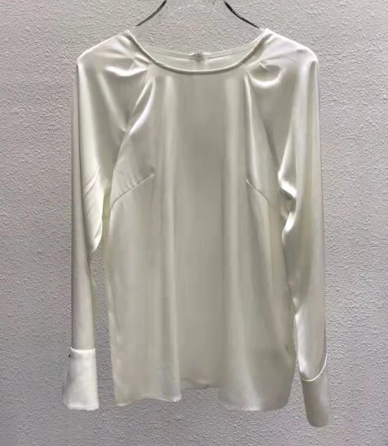 Top Quality New Silk Blouses 2023 Spring Summer Style Women Pleated Deco Long Sleeve Solid White Black Elegant Pure Silk Tops