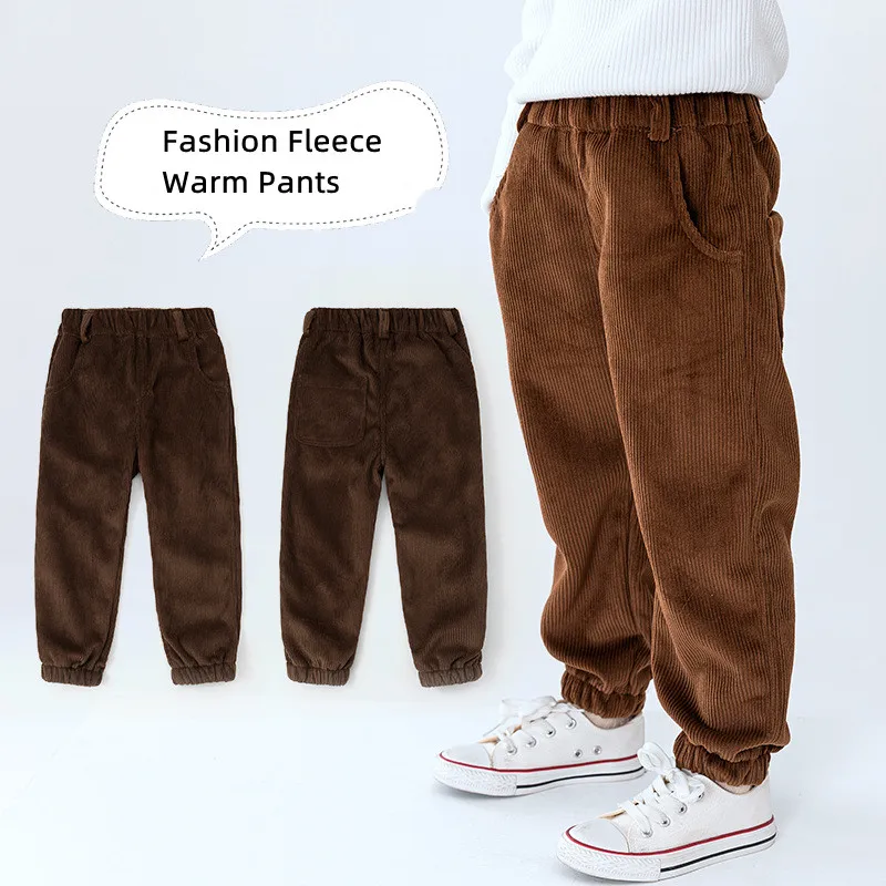 

2022 Children Warm Pants Baby Boys Girls Fashion Fleece Corduroy Harem Trousers Teens Solid Color Loose Leg Winter Clothes for8T
