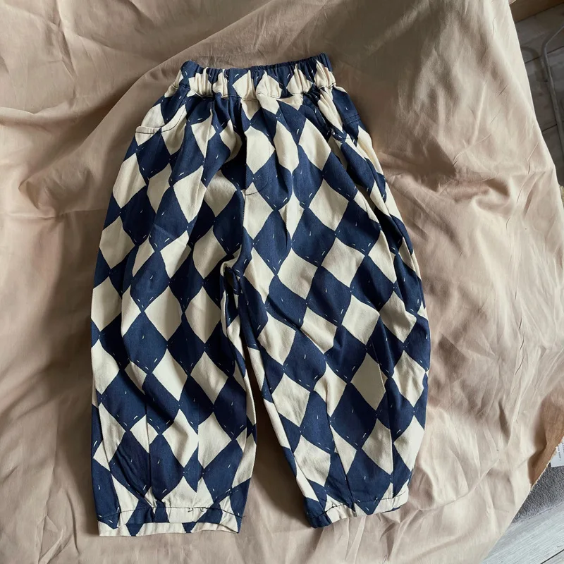 

Spring Diamond Check Radish Pants Boys and Girls Cotton Loose Casual Trousers Pantalon Autumn Children Sweatpants Toddler Kids