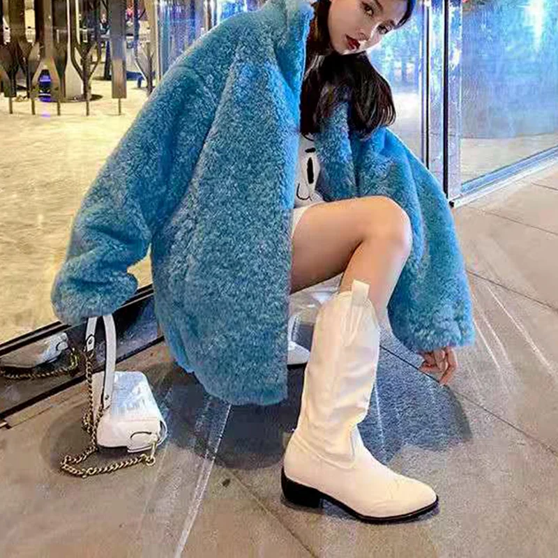 Comfortable Autumn/winter Faux Fur Coat Women Fashion Warmth Soft Plus Velvet Thick Zipper Lamb Fur Coat Fluffy Loose Coat Women