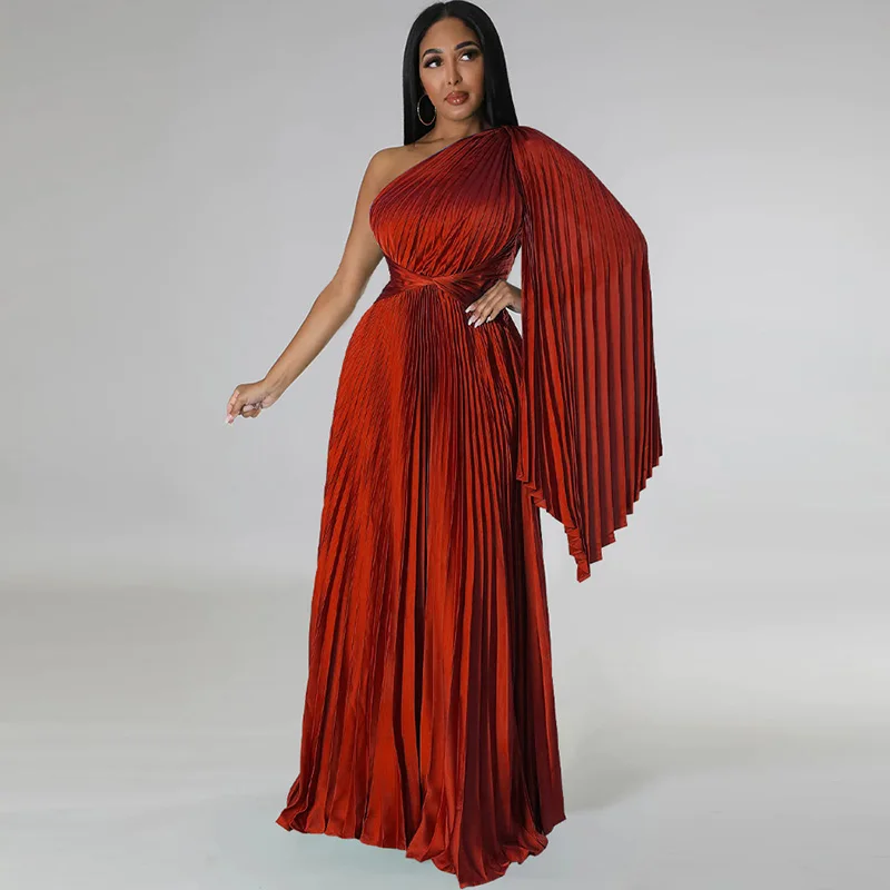 

Элегантное Атласное плиссированное платье макси для женщин, вечерние Клубные Длинные платья без рукавов, платье на одно плечо в пол, ночное ...