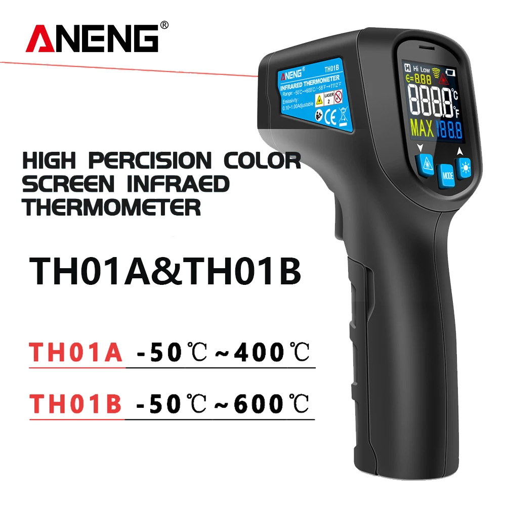 ANENG TH01B pantalla de visualización retroiluminada digital en color de alta precisión probador de temperatura portátil termómetro infrarrojo digital sensor láser infrarrojo pistola termómetro sin contacto -50 ~ 600C