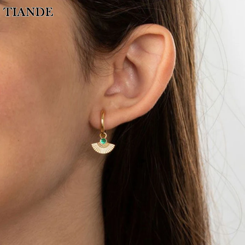 

TIANDE Gold Plated Dangle Earrings for Women Sector Shell Inlaid Colored Zircon Piercing Hoop Drop Earrings Jewelry Wholesale