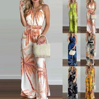sexy women jumpsuit sleeveless floral tree print wide leg slit hem backless halter loose romper overall for party