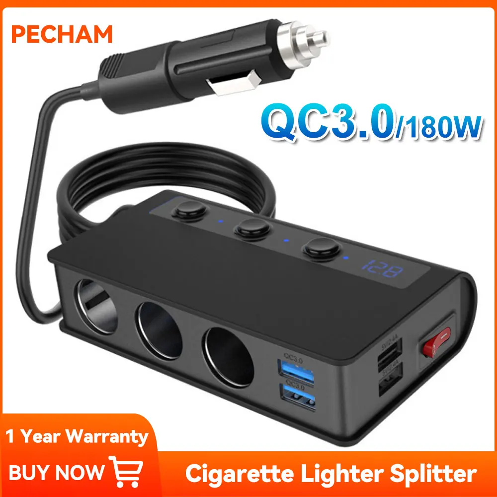 QC 3.0 Car Cigarette Lighter Splitter 12V 24V 3 Socket 180W ON-OFF DC Power Car Splitter with 4 Port USB Car Charger