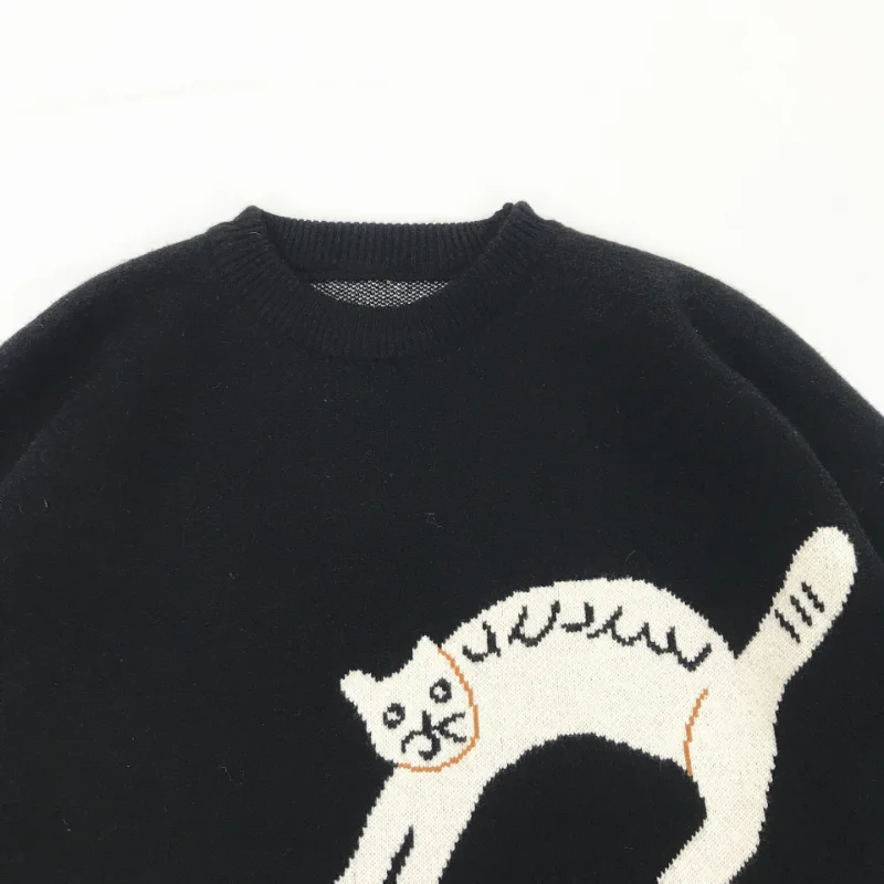 Japan Style Childlike Ancient Clothes Little Girl and Little Cat Jacquard Towel Embroidery Thick Pullover Sweater