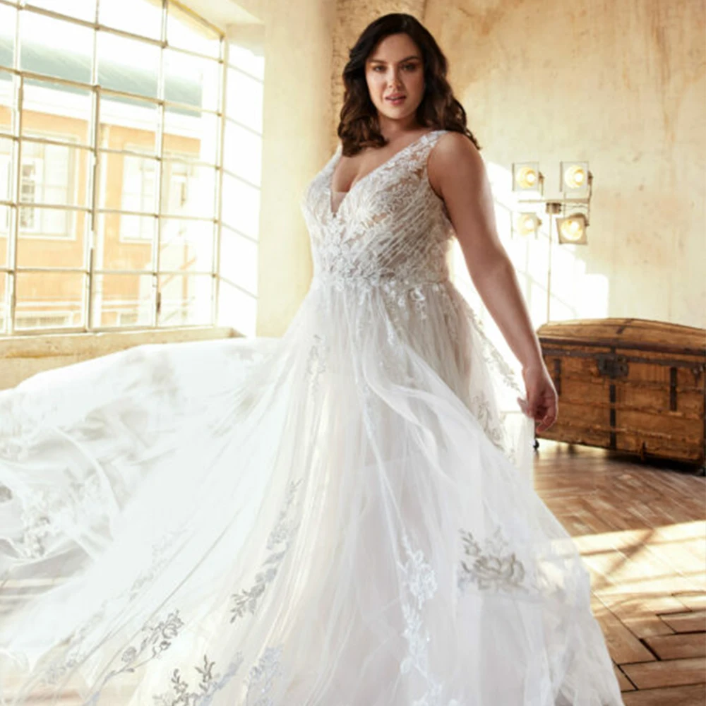 

Exquisite Wedding Dress Double V-Neck Sleeveless Robe De Mariée Lace Applique A-Line Sweep Train Vestido De Noiva 2022 Modernos
