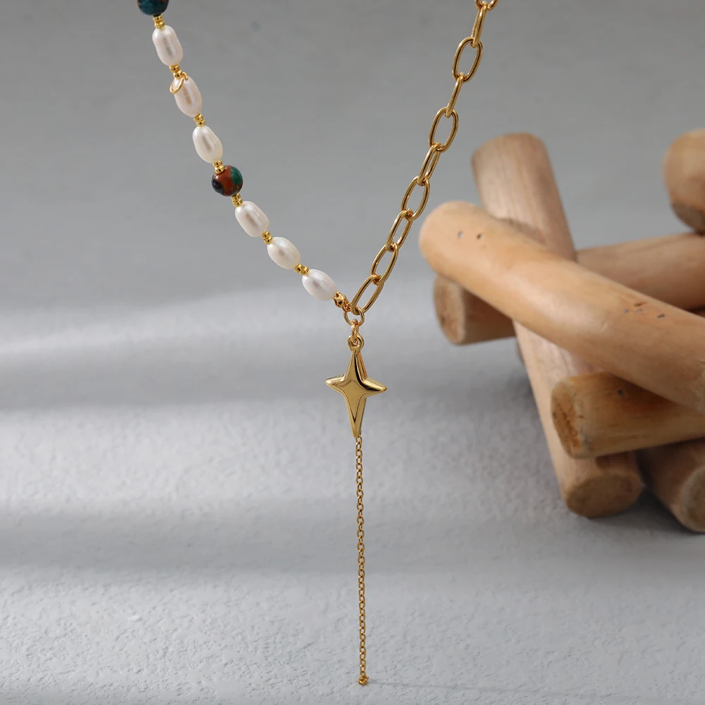 

New Stainless Steel Pendant Necklace Waterproof and Fade Resistant 18K Real Gold Plated Natural Stone Natural Freshwater Pearl