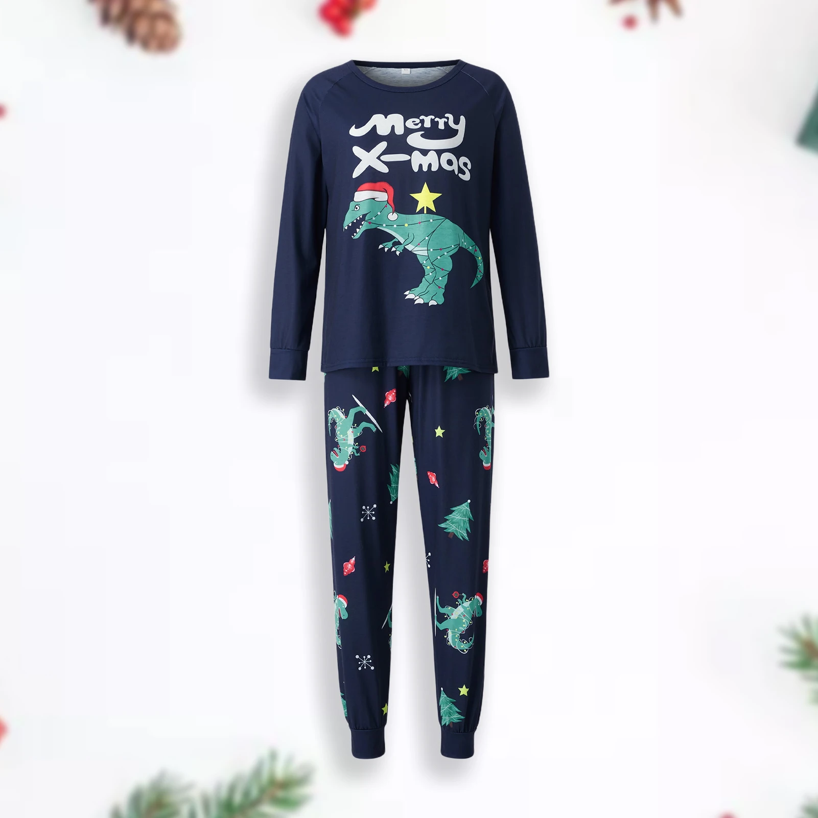 

Family Winter Shirt Top Trousers Crew Neck Dinosaur Printed Navy Blue Long Pants Suit Casual Christmas Style Sleepwear Outfit