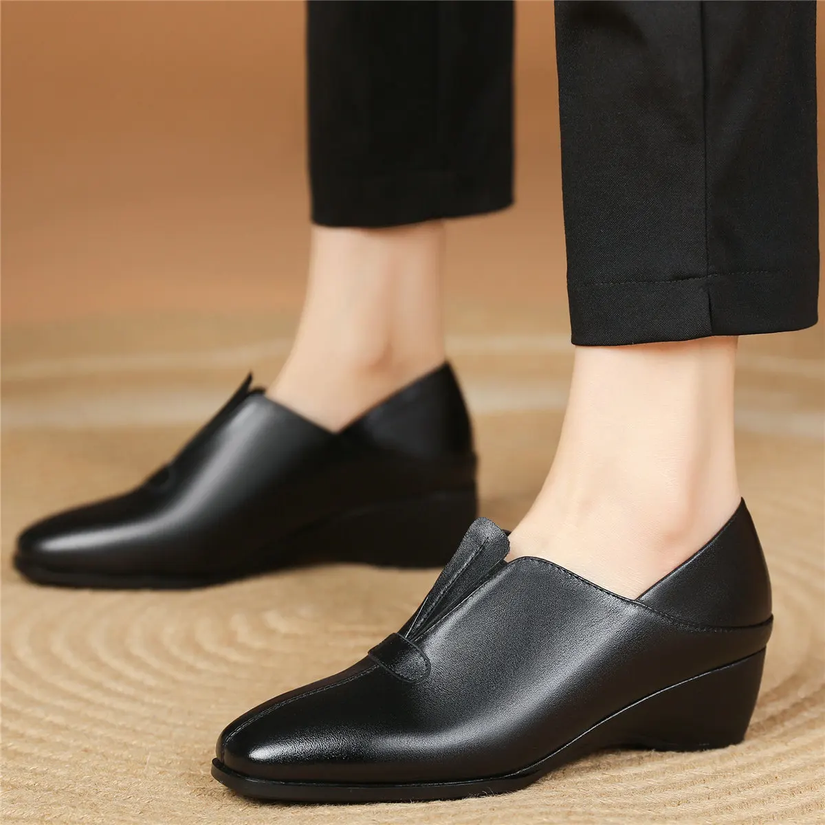 2023 Platform Oxfords Shoes Women Shallow Genuine Leather Wedges Med Heels Pumps Female Square Toe Fashion Sneakers Casual Shoes