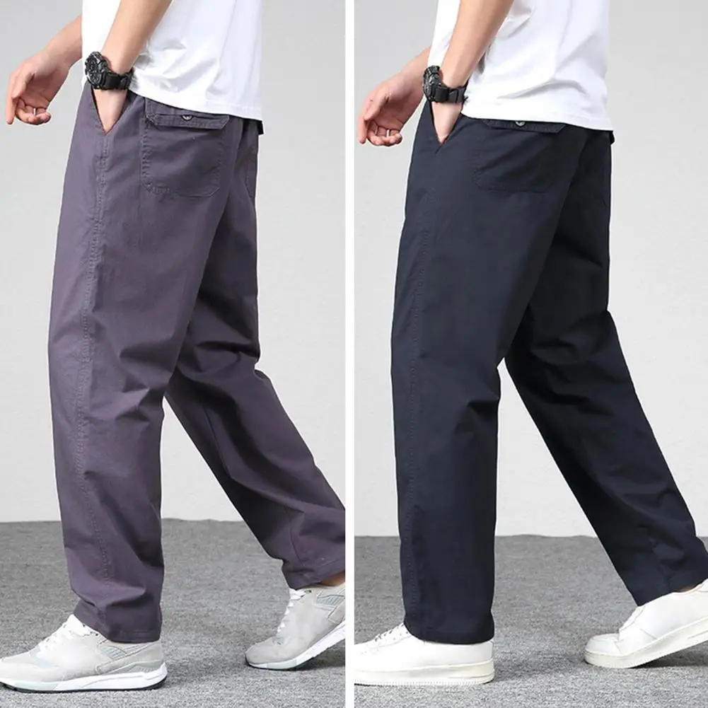 

Men Pants Straight Loose Multi Pockets Mid Waist Thin Casual Pants Smooth Soft Breathable Men Summer Fall Trousers