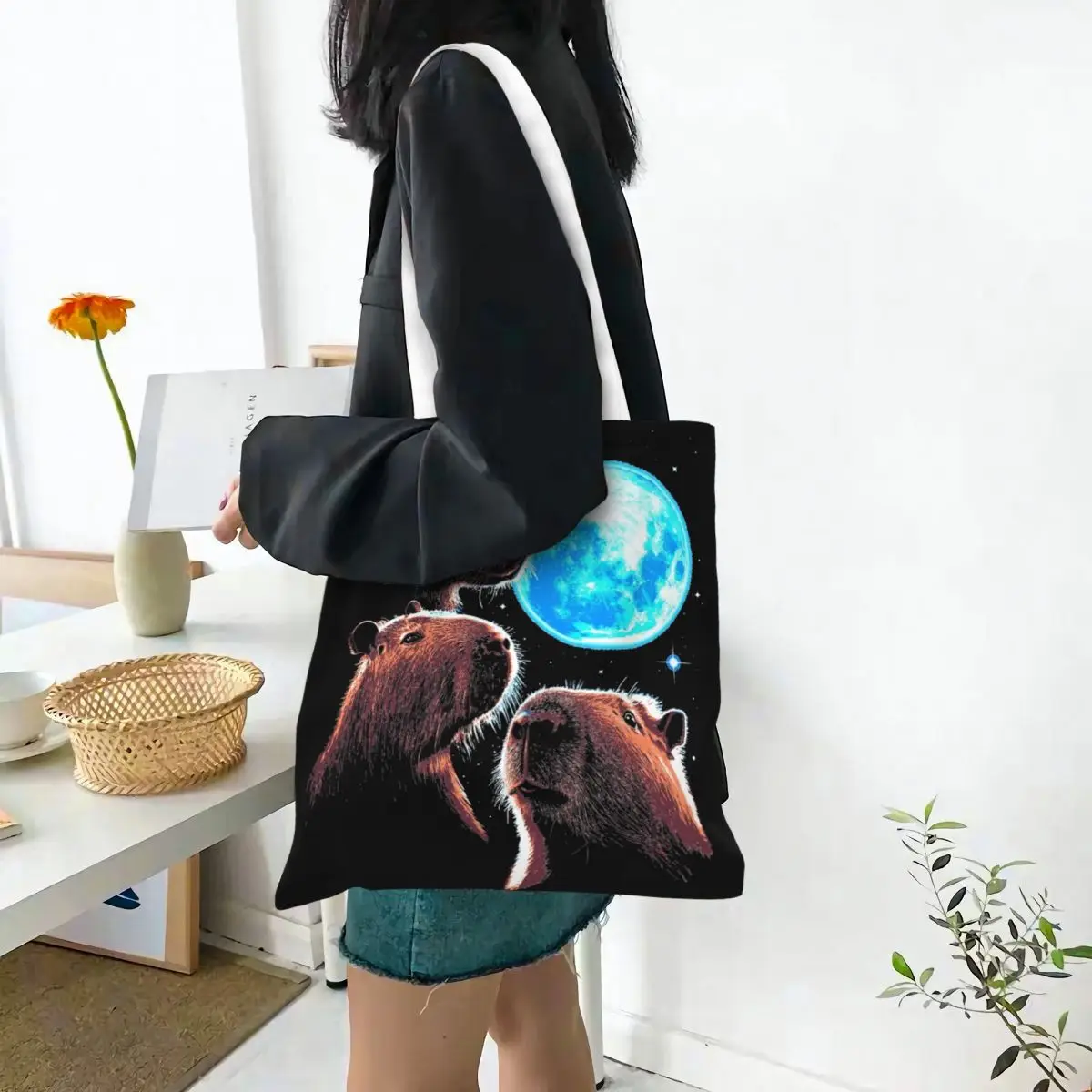 Забавная Холщовая Сумка-тоут с мемом капибара три сумки для продуктов Луной