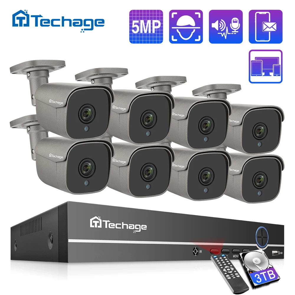 Комплект видеонаблюдения Techage 8 каналов 5 МП HD POE NVR двухстороннее аудио ии IP-камера