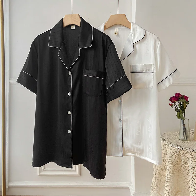 

Summer Couple Men Women Striped Jacquard Stain Lapel Short Sleeve Shorts Sleepwear Lovers Female Pajamas Pyjamas Homewear