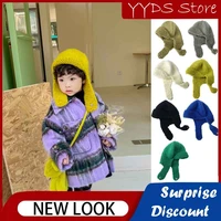 y2k childrens handmade wool cap winter solid color flying cap plush ear protection scarf all in one knitted beanie hat