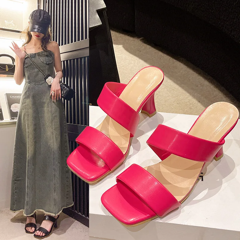 

Shoes Square Toe Ladies' Slippers Women Heels Low Pantofle PU Luxury Slides High 2023 Designer Summer Soft Rubber Rome Casual Ba