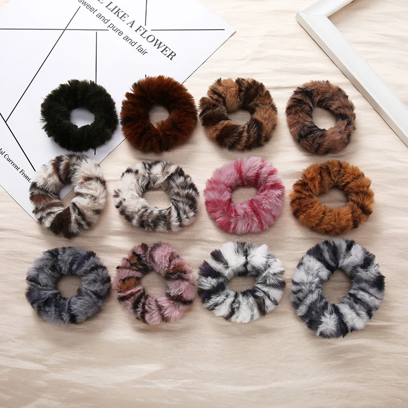 

New Leopard Print Fluffy Scrunchie Faux Fur Furry Elastic Hair Ring Rope Band Tie Round Girls Scrunchies