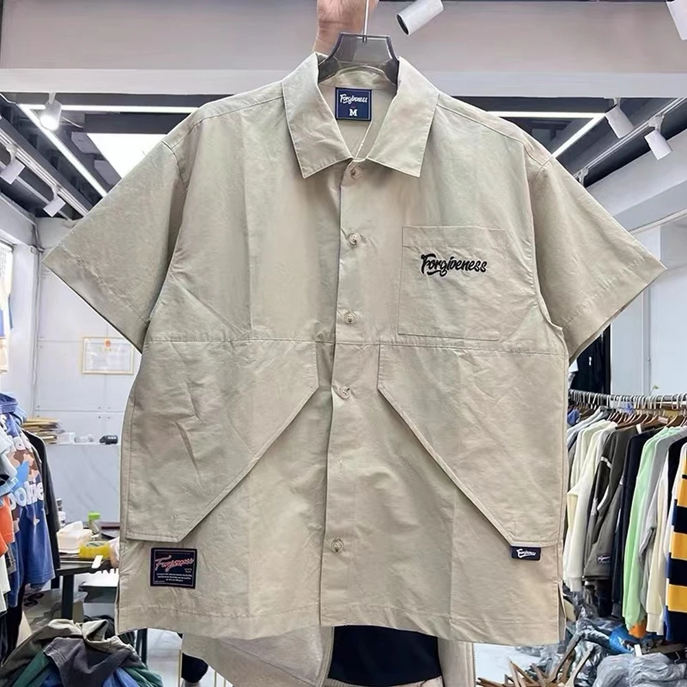 

Loose Hip Hop Shirt Men Women Fashion Shirts Clothing Solid Color Collocation Large Pocket Decorated Short-sleeve Lapel Shirt