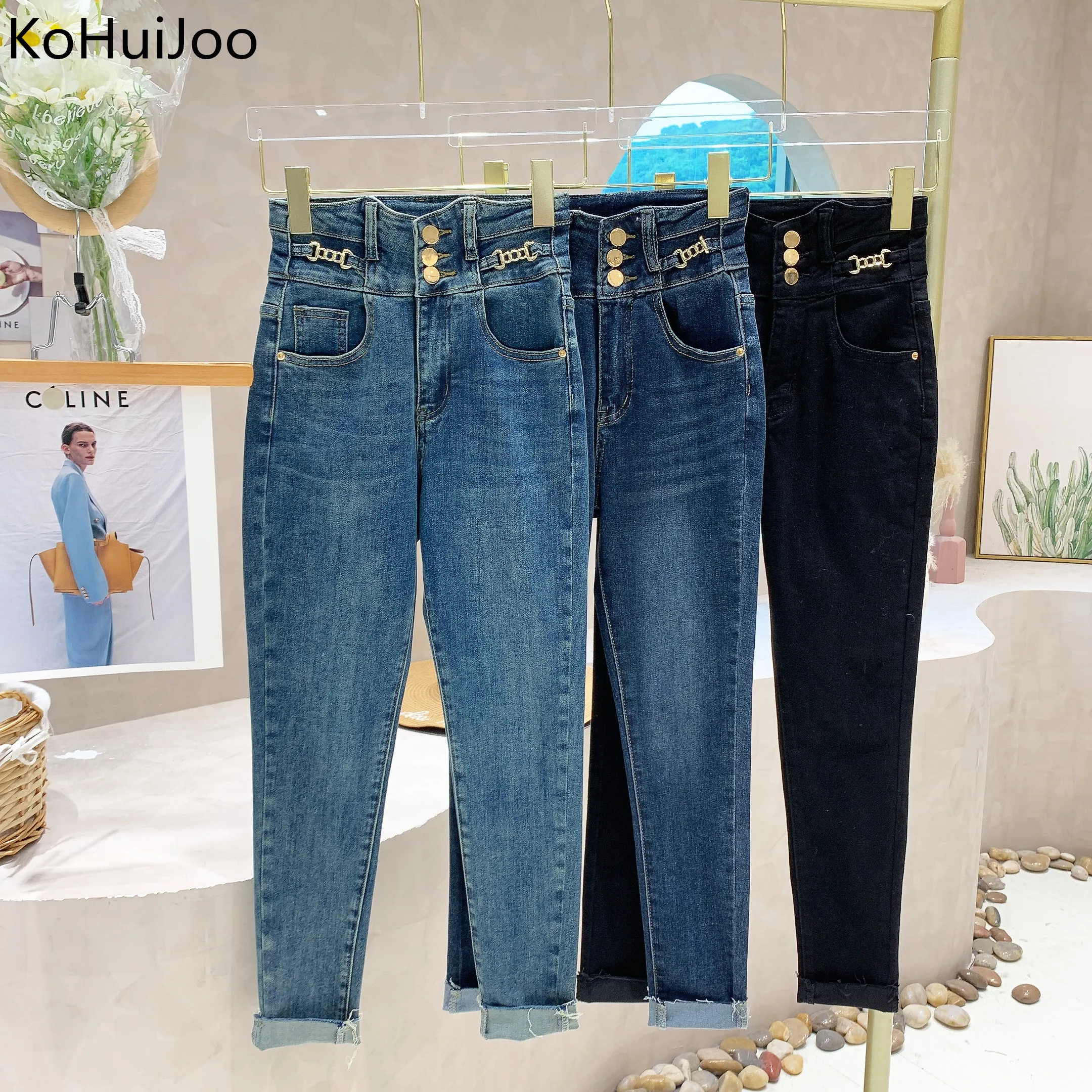 

KoHuiJoo 2022 Autumn New Pencil Jeans Woman Stretch High Waist vintage Slim Design Washed Tight Skinny Jeans Women Casual Pants