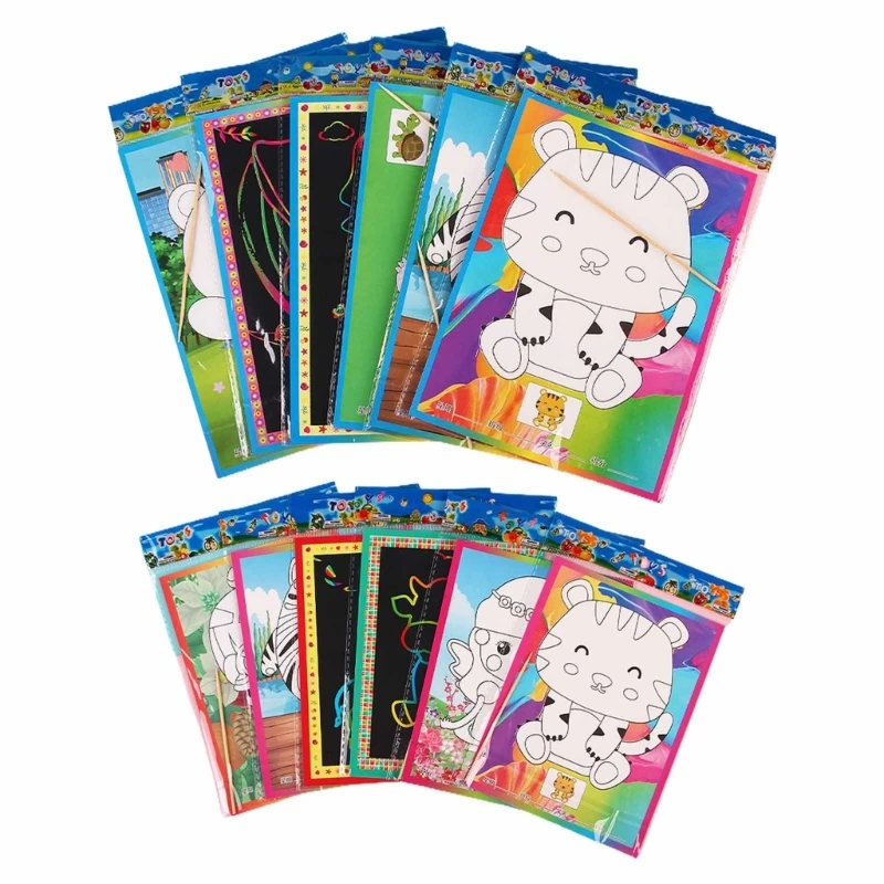 

Scratch Paper Art Set 10 Sheets Rainbow Card Birthday Gift Party Game Kid DIY Black Scratch it Off with Wooden Stylus