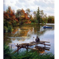 5d diamond painting lakeside scenery and cats full drill by number kits for adults diy diamond set arts craft a0891