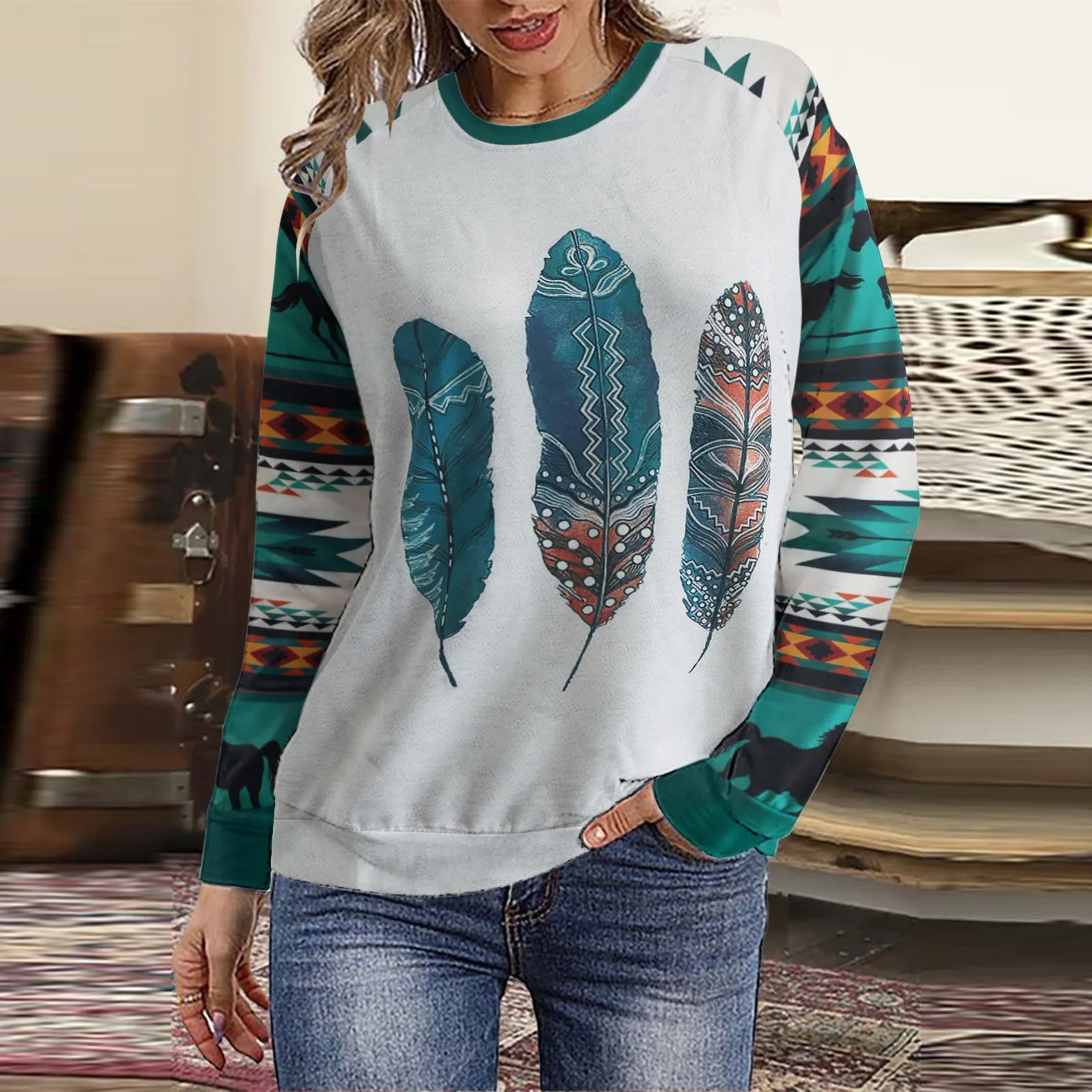 

Feather Graphic Printed Sweatshirts Women Casual Long Sleeve Crew Neck Printed Hoodless Pullover Thin Sweatshirt Top Blouse