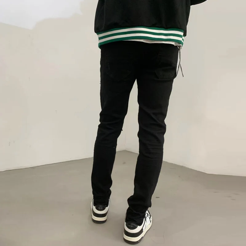 Streetwear Fashion Brand Men Jeans Elastic Leather Patched Designer Ripped Jeans Men Black Stretch Skinny Trousers Hip Hop Pants