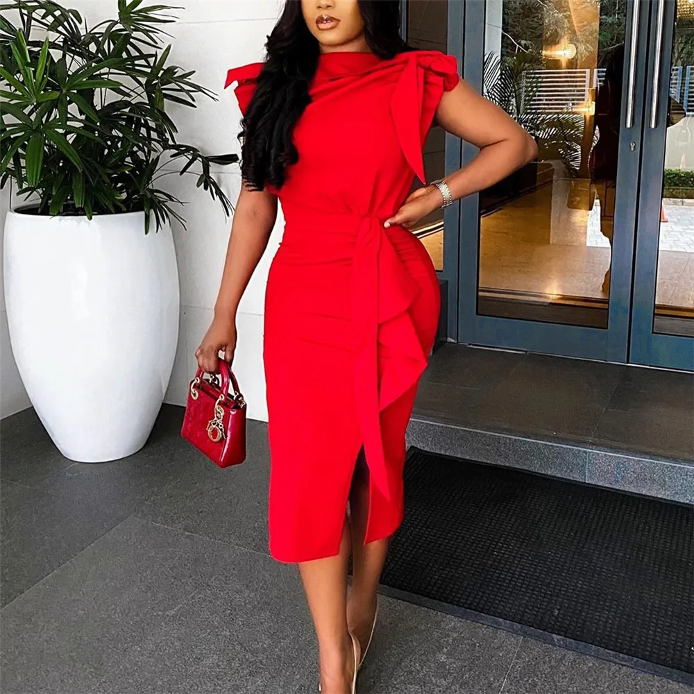 

Fashion Women Red Dress Casual Short Sleeve Solid Color Bow Tie Split Patchwork Round Neck Pullover Prom A-line Dress For Ladies