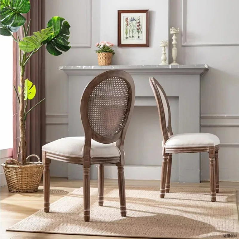 S American Country Leisure Armchair Vintage Rattan Dining Chairs Solid Wood French Chair Home Furniture