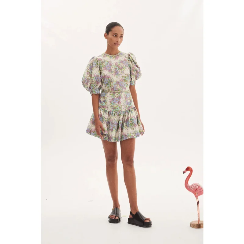 

Australia Alem@is Original Dress Pure Linen Purple Fragmented Flowers Cute Girl Age Reducing Butterfly Knot Back Short Dress