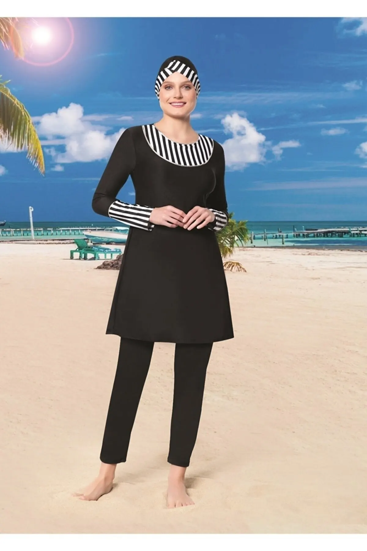 

Muslim Burkinis Striped Micro Lycra Fabric Full Swimwear Modest Summer Clothing Hijab Sport Swimsuit Islamic Full Cover