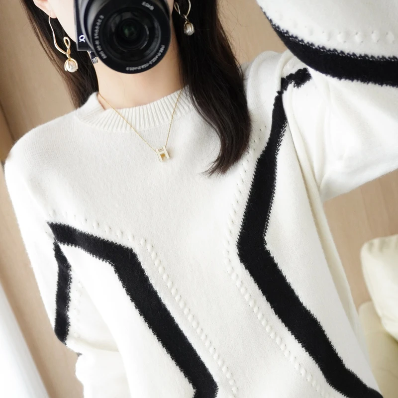 

Autumn Winter New Color Contrast Long Sleeve Women's Crew Neck Pullover Loose Thickened Thermal Knitwear Undercoat Sweater