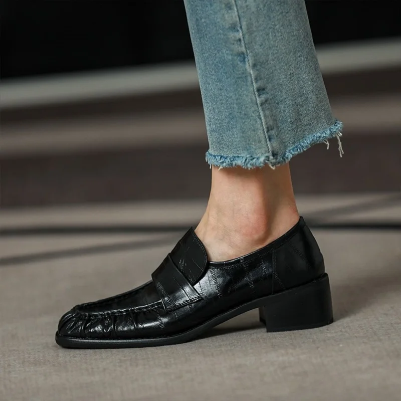

Real Leather Women Pumps Spring Autum Med Heel Loafers Cowhide Slip-On Woman Pleated Pumps Dress Prom Career Shoes Square Toe