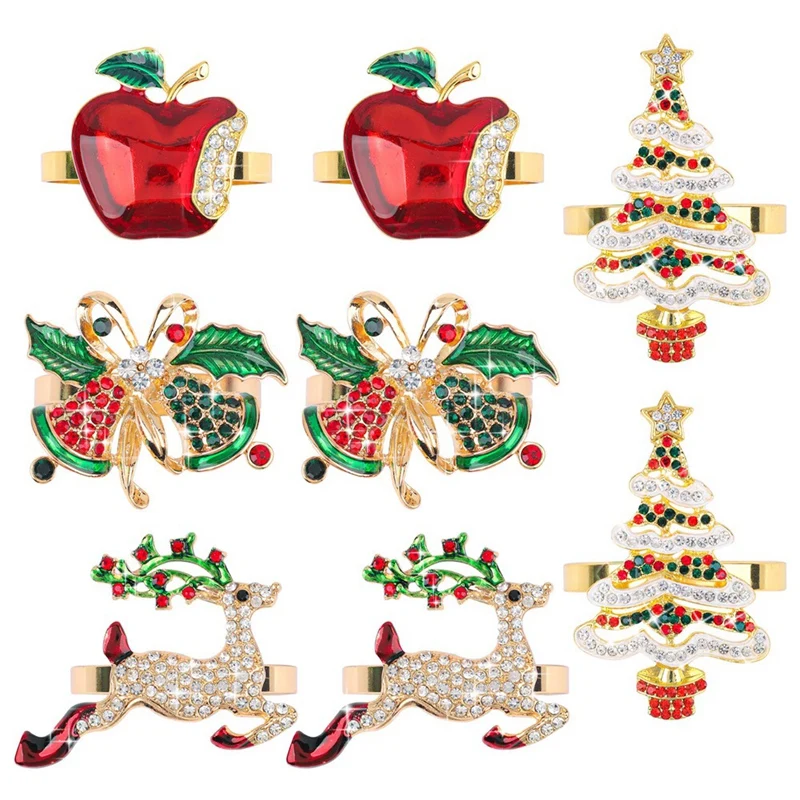 

Christmas Napkin Ring Set Of 8 Metal Christmas Tree Deer Napkin Rings Holders Rhinestone Napkin Buckles For Holiday