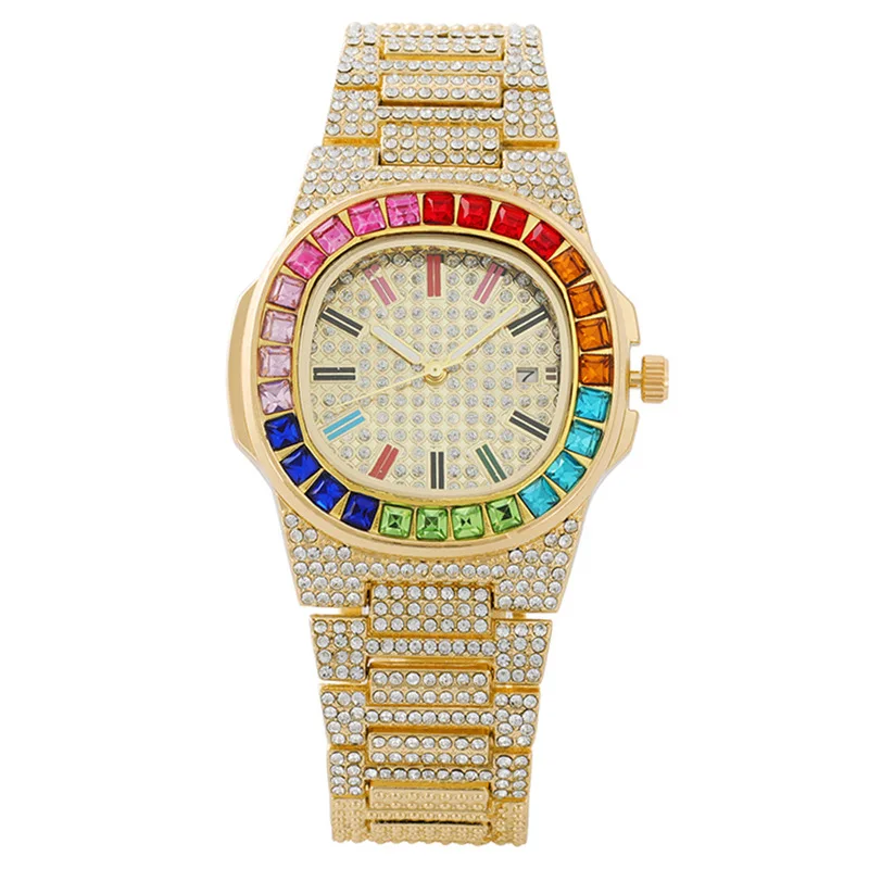 Luxury Round Quartz Rainbow Rhinestone Dial Casual Watch Stainless Strap Fashionable Clock Waterproof Wristwatch for Women