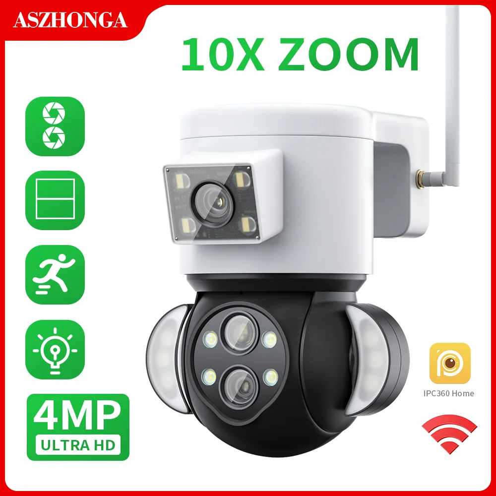 

ASZHONGA 2K 4MP PTZ 2-in-1 10X Camera WiFi Security Surveillance Linkage Floodlight IP66 Auto Tracking Multiple Lens Camera