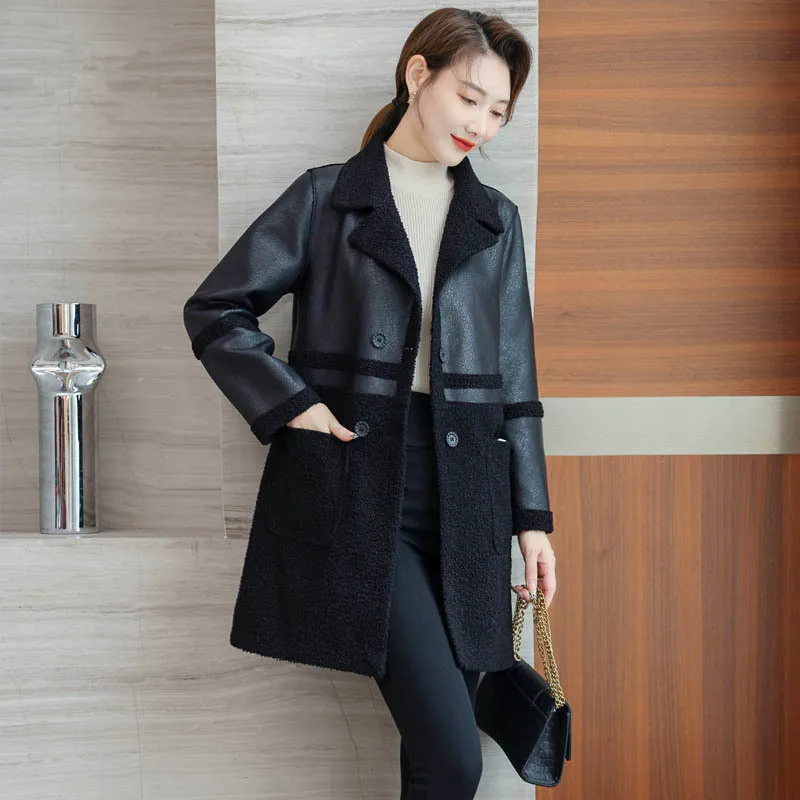 XL-6XL Plus Size Women Reversible Sheepskin Coat 2022 Winter Turn-down Collar Lambskin Leather Jacket Female Long Wool Fur Coat