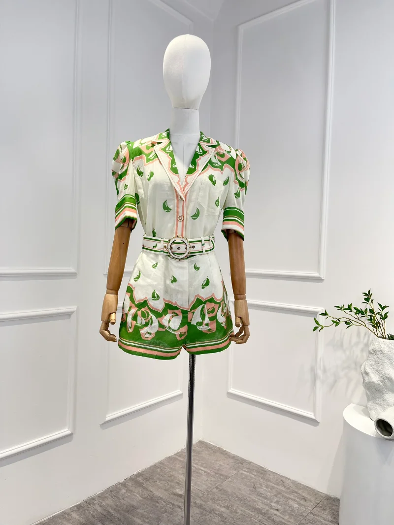 

2023 г., высококачественные однотонные зеленые шорты с вышивкой из рами и принтом в виде лодочки, костюм для женщин, Новое поступление, женские комплекты