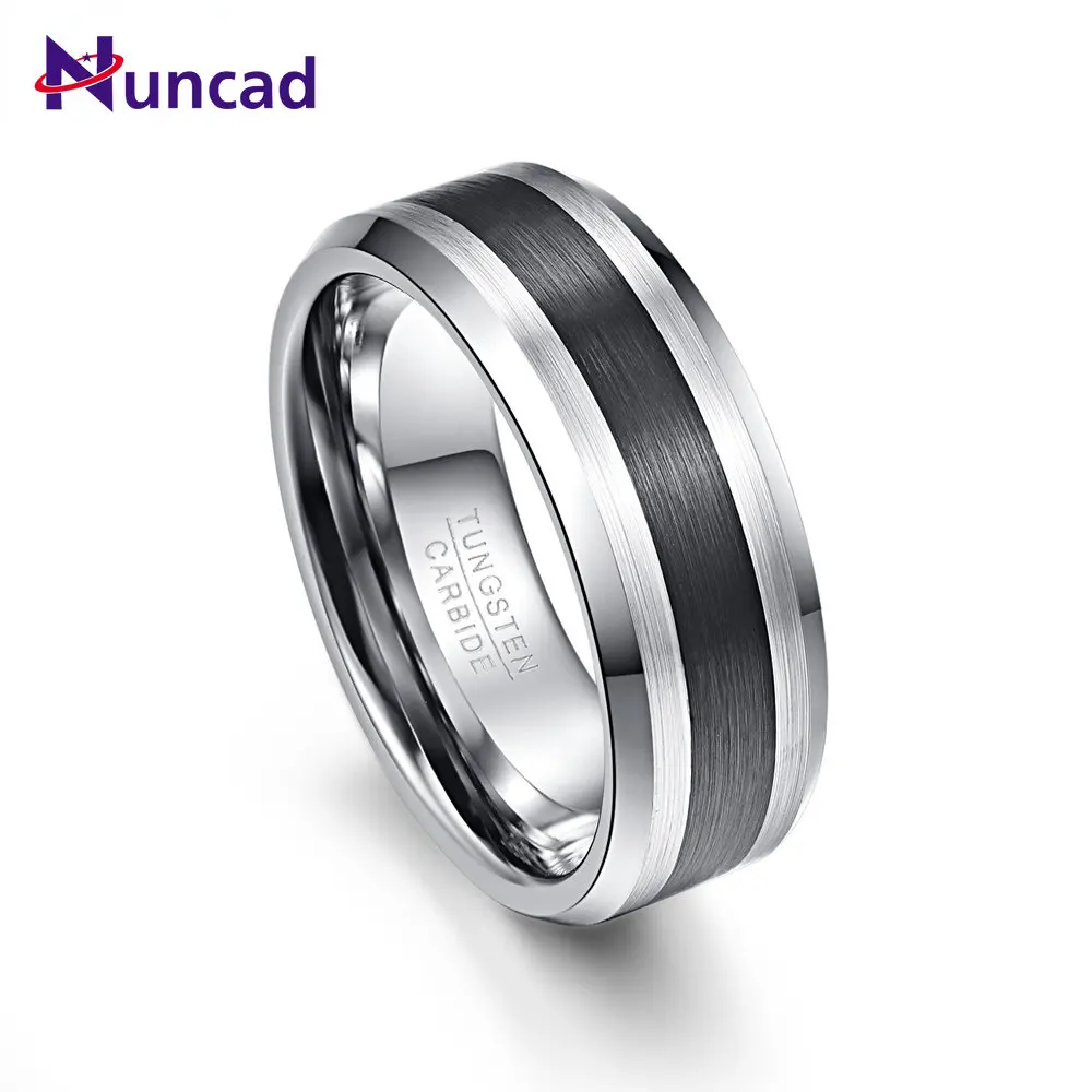 

NUNCAD Tungsten Carbide Ring 8MM Men's Ring Brushed Finish and Black Center Beveled Edge Size 5 to 14 Wedding Engagement Ring